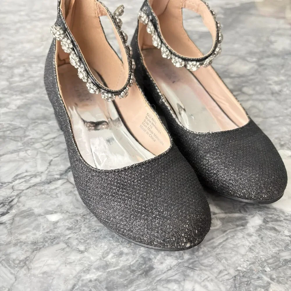 Badgley Mischka Ankle Strap Embellished Girls' Glitter Pump Shoes Black Size 13